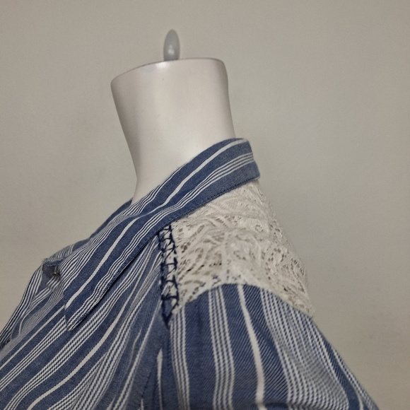 Vintage America Blue White Front Twist Western Casual Roll Tab Sleeve Blouse XL - Picture 5 of 13